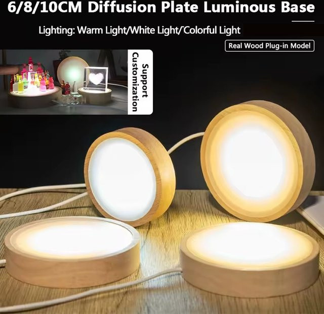 Runde LED-Display-Basis aus Holz mit USB-Kabelschalter in Weiß für Kristallglas-Objekte - Bild 1