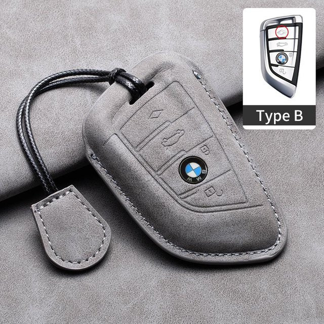 Wildleder Leder Schlüsselanhänger Hülle für BMW Schlüssel Fob in Grau - Bild 1