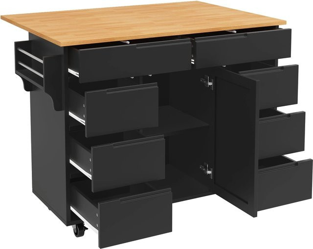 okwish Kücheninsel in Schwarz mit Rollen, Arbeitsplatte, Gewürzregal und Schubladen, B/T/H: 122 x 74 x 91 cm - Bild 1
