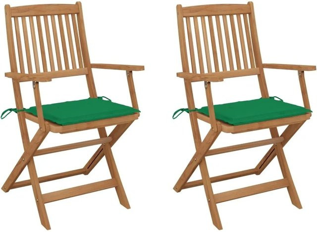 Set aus 2 klappbaren Gartenstühlen von vidaXL aus geöltem Akazienholz mit grünen Kissen - Bild 1