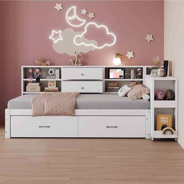 KOMHTOM Schlafsofa in Weiß mit USB-Ladestation, Regalen, ausziehbarem Schreibtisch und 4 Schubladen, B/T/H: 90 x 200 cm - Bild 1