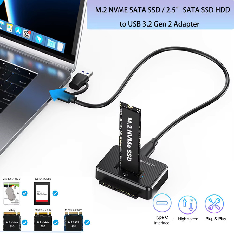IRhasta M2 SATA NVMe zu USB 3.1 10Gbps Testadapter und Dockingstation für 2,5 Zoll SATA SSD sowie M2 SSD Formate 2230 2242 2280 22110, Schwarz, USB-C - Bild 2