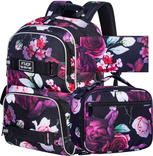 3-teiliges Rucksack-Set für Mädchen von Fancy Style Studio mit Blumenmuster und Brotdose in Pink und Schwarz - Bild 1