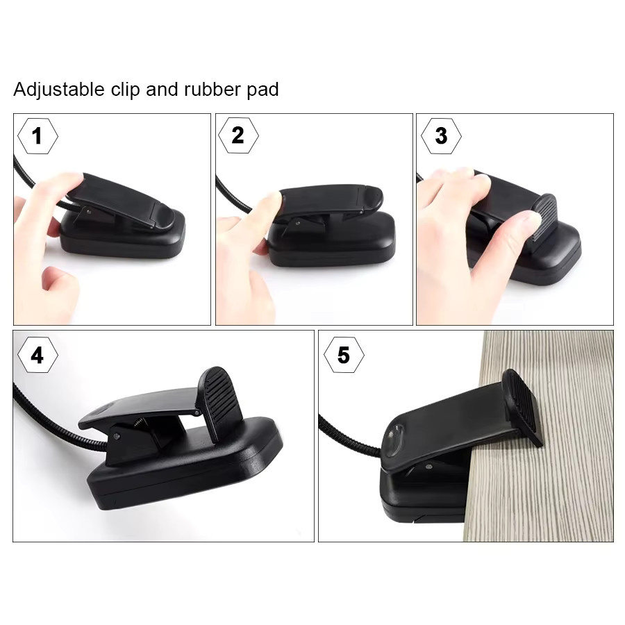 ATcomm LED Clip-On Buchlampe Schwarz, Einstellbares Nachtlicht mit Touch-Funktion, Batteriebetrieben und Flexibler Leselampe für das Schlafzimmer - Bild 3