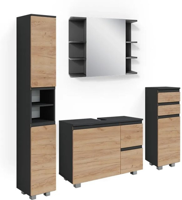 Vicco Badmöbelset J-Shape in Anthrazit und Eiche, modernes 4-teiliges Badezimmer-Set mit Spiegelschrank, Waschtischunterschrank, Midischrank und Hochschrank - Bild 2