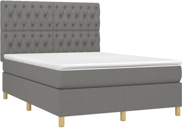 vidaXL Boxspringbett mit Matratze in Dunkelgrau, Hybridbett mit LED-Unterbettbeleuchtung und USB-Ladeport, B/T: 140 x 200 cm - Bild 1
