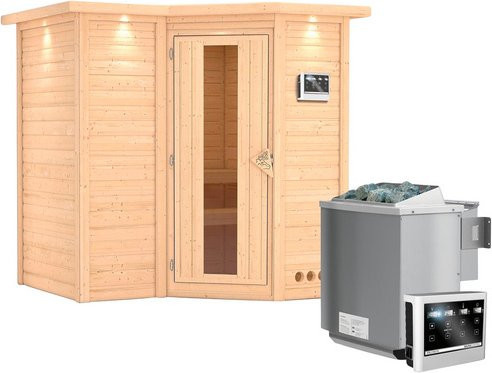 Karibu Sauna Riga 1 aus Fichtenholz in Beige mit 9 kW Bio-Kombi-Saunaofen und externer Steuerung für 3 Personen, B/T/H: 221 x 198 x 212 cm - Bild 1