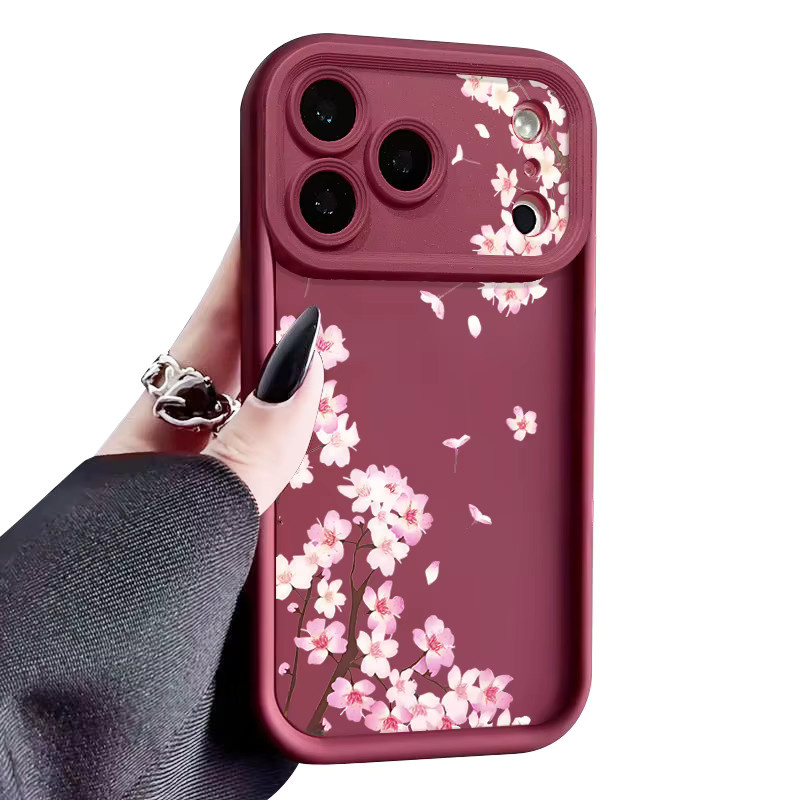 MOESOE Handyhülle mit rosa Pfirsichblüten-Muster für iPhone 17 Pro, 16, 15, 14, 13, 12 Pro Max – Stoßfeste weiche TPU-Hülle in Pink und Rot - Bild 2