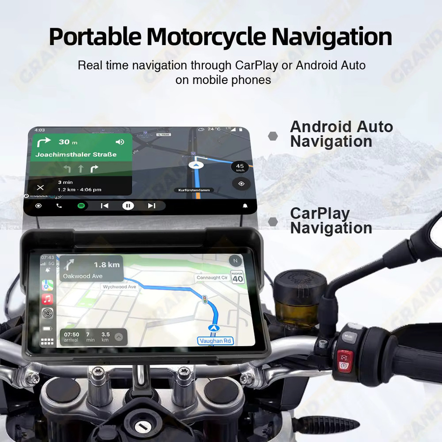 Grandnavi Tragbares Motorrad Display mit Android Auto und Apple CarPlay, Wasserdichter Bluetooth Monitor für Navigation, Schwarz - Bild 3