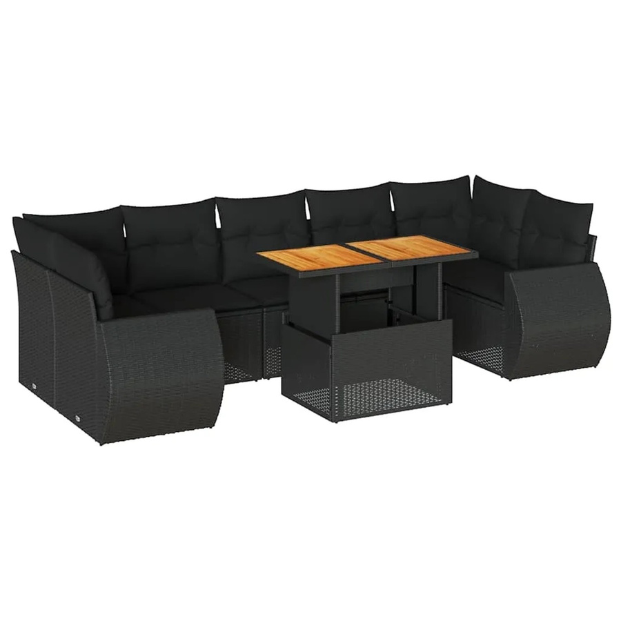 vidaXL 8-tlg. Garten-Sofagarnitur in L-Form aus Poly-Rattan und Akazienholz mit Kissen in Schwarz - Bild 2