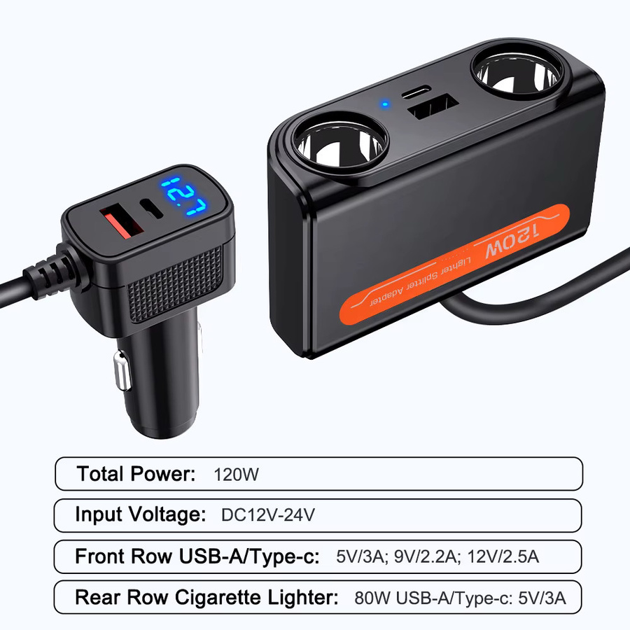 7-in-1 Autoladegerät Adapter mit PD USB-C Schnellladung und LED-Voltmeter in Schwarz - Bild 2
