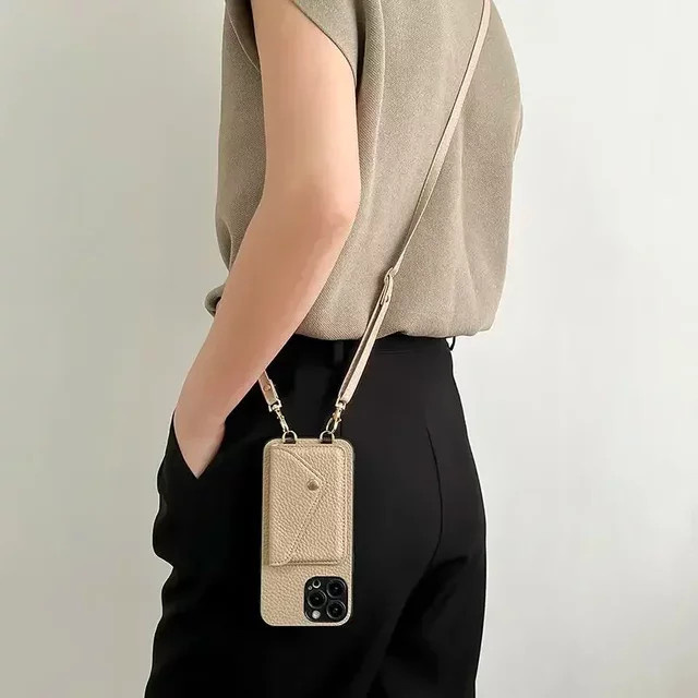 Leder-Handyhülle mit Lanyard-Umhängeriemen und Kartenhalter für Apple iPhone, Farbe: Schwarz - Bild 1