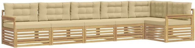 vidaXL Outdoor-Sofagarnitur 6-teilig in L-Form aus Akazienholz mit Kissen in Weiß und Beige - Bild 1