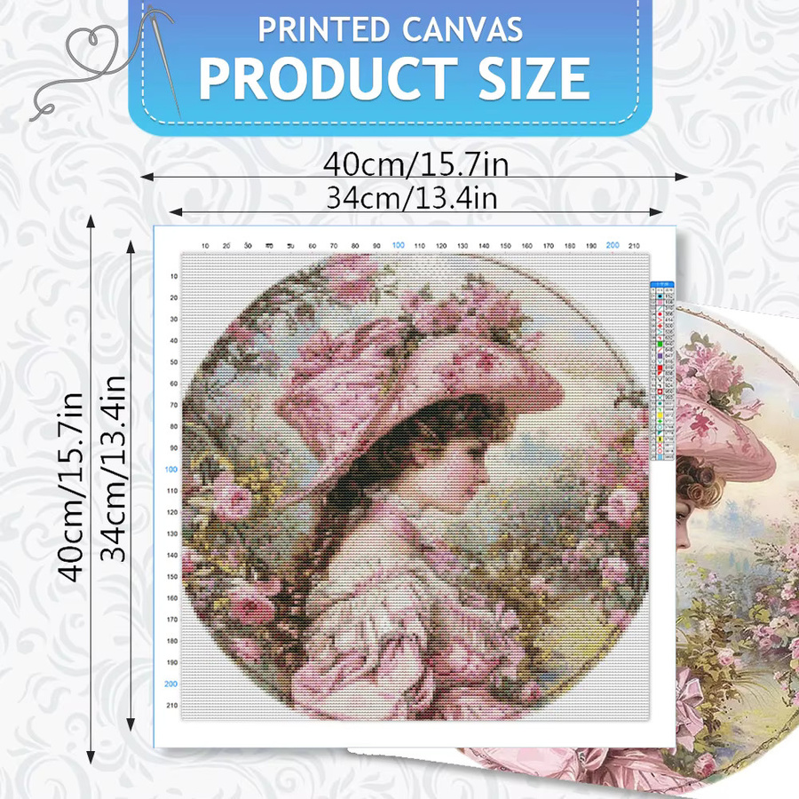 HUACAN Kreuzstich-Set mit Rosen-Blumen-Motiv und Frauenporträt, 11CT DMC-Garn, vorgedruckte Leinwand, Mehrfarbig, B/H: 30,0 x 30,0 cm - Bild 2