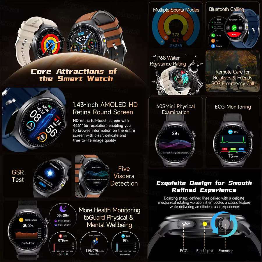 GUHUAVMI Smartwatch 2026 mit KI-Diagnostik, EKG und PPG zur Messung von Blutdruck, Harnsäure und Körperfett, Schwarz, kompatibel mit Android und iOS - Bild 3