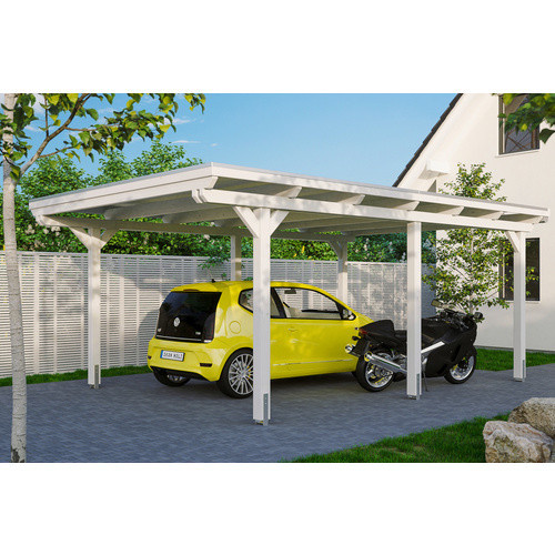 Skan Holz Einzelcarport Emsland aus Leimholz Fichte in Weiß mit flacher Dachform und Aluminium-Dachplatten, B/T: 404 x 604 cm, Höhe: 242 cm - Bild 4