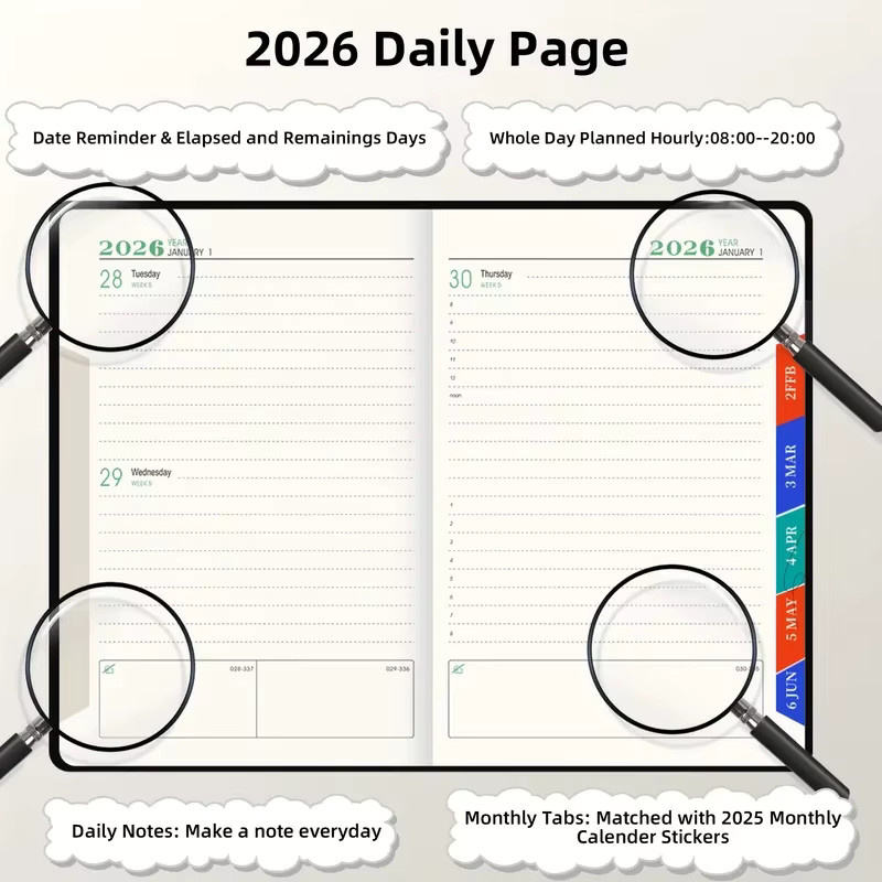 Produktivitätsplaner und Fest-Tracker-Set 2026 in Schwarz, A5 Hardcover Notizbuch mit 400 Seiten für tägliches Zeitmanagement und Aufgabenverfolgung - Bild 2