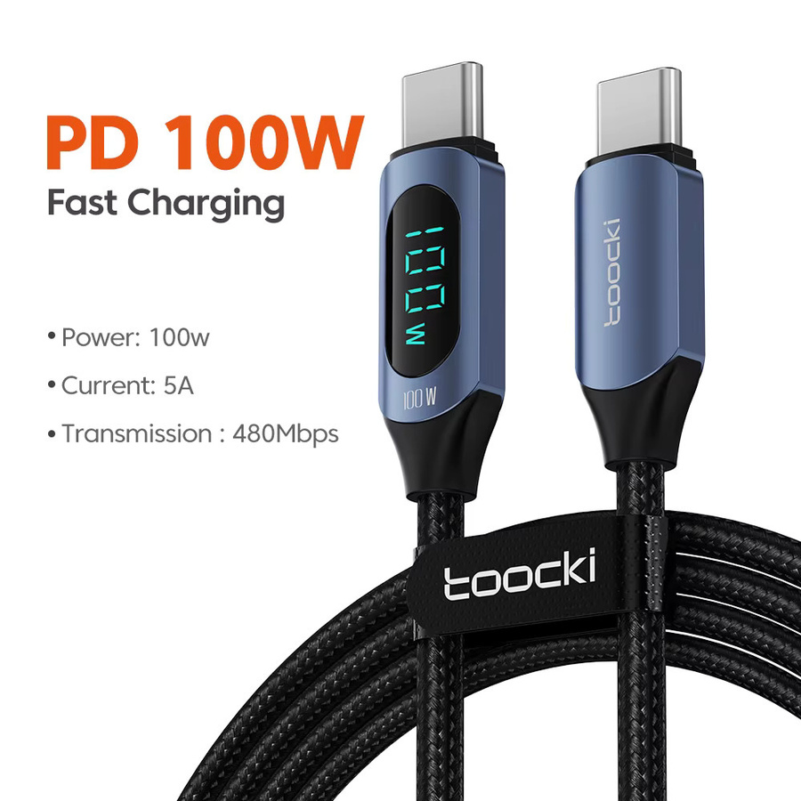 Toocki USB-C auf USB-C Ladekabel mit 100W PD Schnellladefunktion und Display in Blau - Bild 7