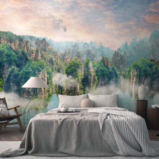 mural Fototapete Landschaft Natur in Grün, Blau, Braun und Beige, B: 3,71 m x H: 2,80 m - Bild 1