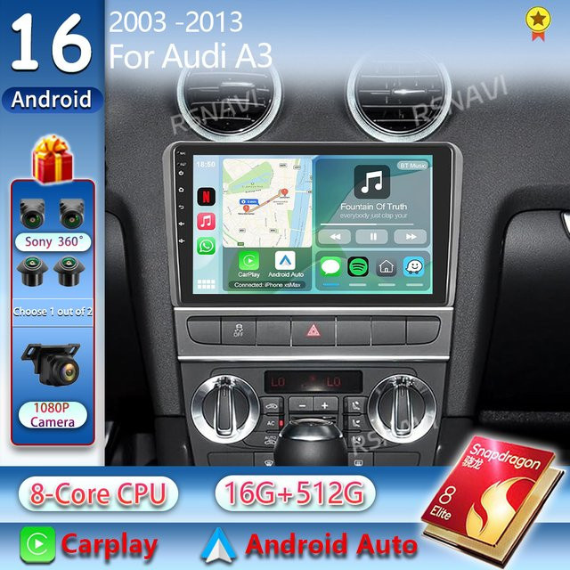 RSNAVI Android 16 Autoradio mit 2K QLED Display für Audi A3 2 8P 2003-2013, S3 2 2006-2012 und RS3, Multimedia-Videoplayer mit GPS, CarPlay und 4G in Schwarz - Bild 1