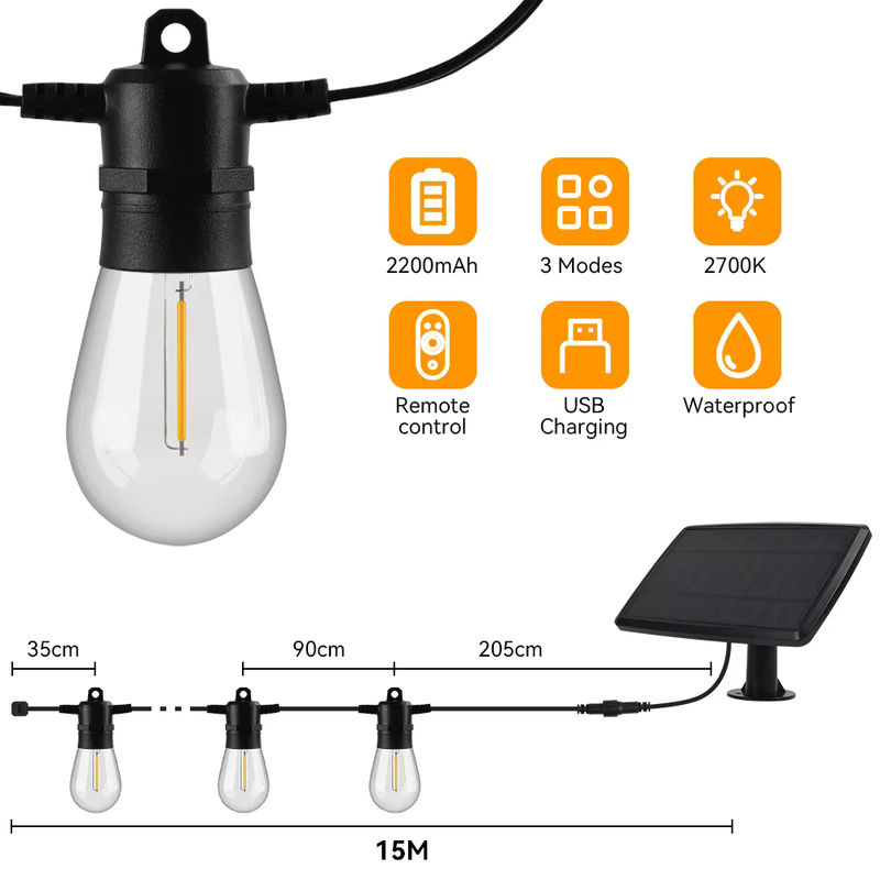 Burhui S14 Solar LED Lichterkette Retro im transparenten Design, wasserdichte Solar-Lichtergirlande für Garten und Außenbereich - Bild 2