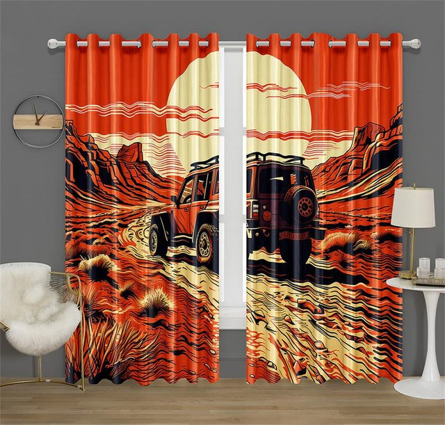 Dekorative rote Vorhänge mit Automobil-Bergblick-Motiv aus Polyester, 2er-Set, Breite: 50 cm, Höhe: 130 cm - Bild 1