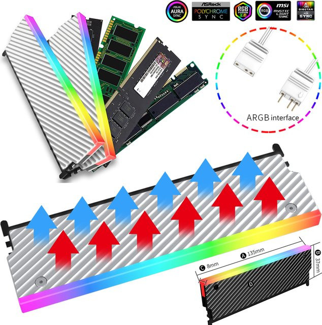 ALLOET ARGB DDR Kühlkörper aus Aluminiumlegierung mit Thermischem Silikonpad, 5V 3PIN, Farbe: Silber - Bild 1