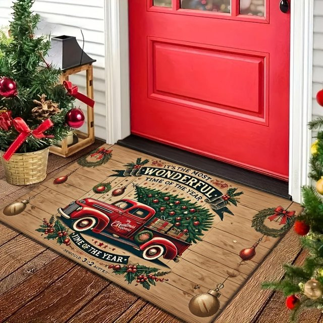 VIKAMA Weihnachtsteppich mit rotem LKW-Aufdruck, rutschfest und schmutzabweisend, rechteckig, B/T: 60 x 40 cm, rot/mehrfarbig - Bild 1
