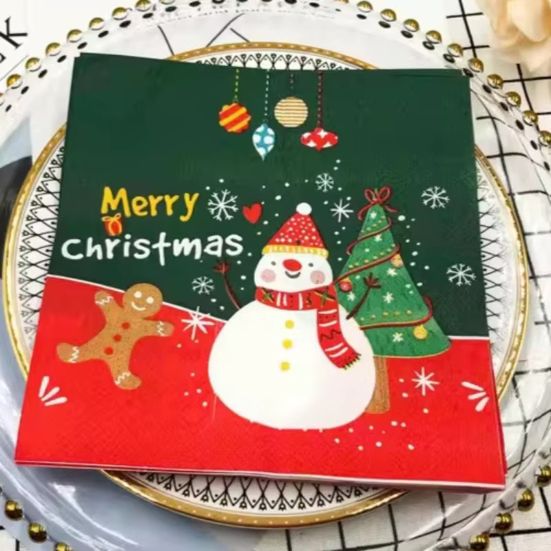 GUANYAO Weihnachtsservietten Set mit Schneemann und Tannenbaum, 20 Stück, Grün und Rot, Breite: 33 cm - Bild 2