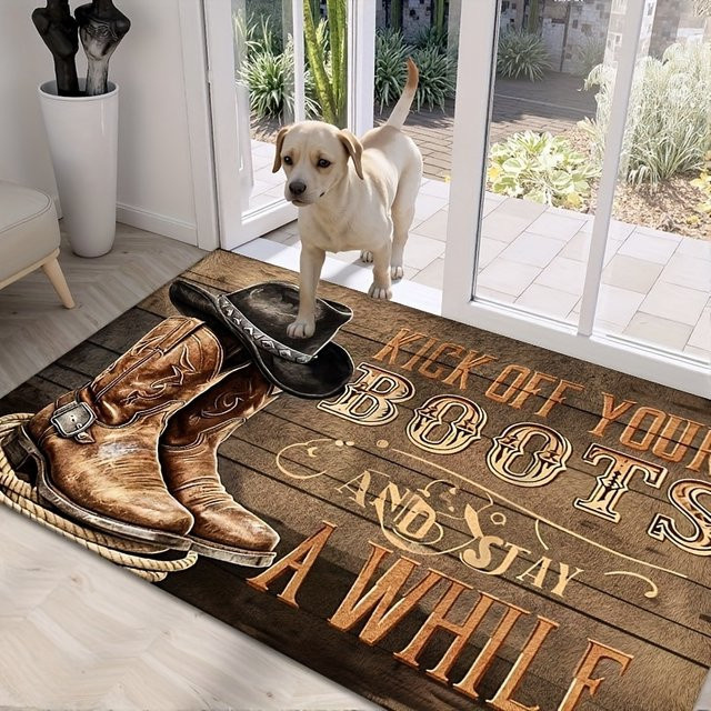 VIKAMA Western Cowboy Fußmatte mit Kick Off Your Boots Aufdruck, Rutschfester und Waschbarer Eingangsteppich im Rustikalen Farmhaus-Stil, Farbe: Braun, B x T: 60 x 40 cm - Bild 1