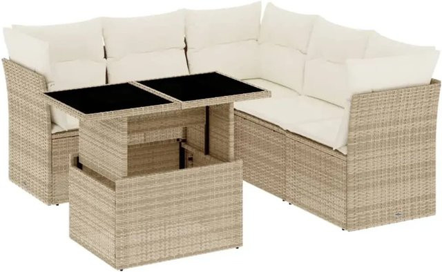 vidaXL 6-teilige Garten-Sofagarnitur in L-Form aus Poly-Rattan mit Kissen in Beige - Bild 1