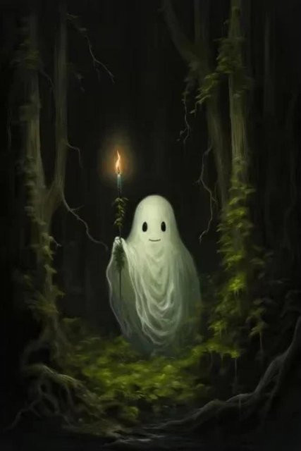 Leibert Art Decoration Painting Halloween Geist Poster als Leinwanddruck für dein Zuhause, Motiv: Niedlicher Geist im Wald, Farbe: Weiß, B x H: 50 x 70 cm - Bild 1