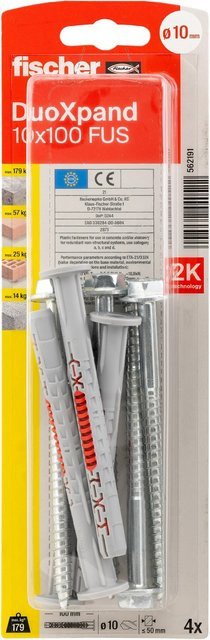 Fischer Langschaftdübel DuoXpand FUS in Grau, Durchmesser: 10 mm, Länge: 100 mm, inklusive 4 Sechskantschrauben und U-Scheiben - Bild 1