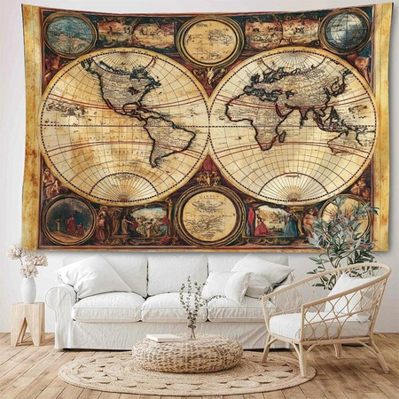 Vintage Weltkarte Wandteppich von ZHENZHENRISHANG in Dunkelkhaki, Rechteck, B: 90 cm, H: 75 cm