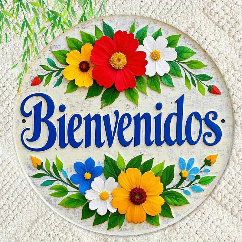 Potdemiel Rundes Metallschild Spanish Flower Welcome in Multicolour, Vintage Wandkunst mit floralem Design, Durchmesser: 19,81 cm - Bild 4