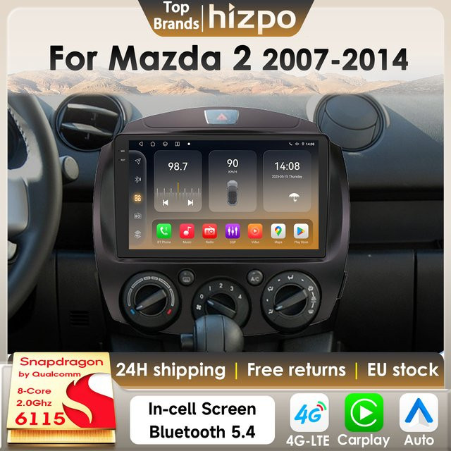 Hizpo Android 14 Autoradio für Mazda 2 (2007 - 2014) mit 8GB RAM, 128GB Speicher, GPS, 4G, Carplay und Qualcomm Snapdragon 6115 in Schwarz - Bild 1
