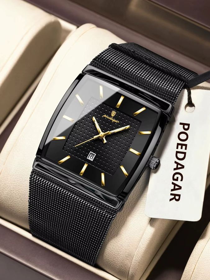 POEDAGAR Armbanduhr Quarz, Edelstahl, Schwarz, Silber, Herren - Bild 7
