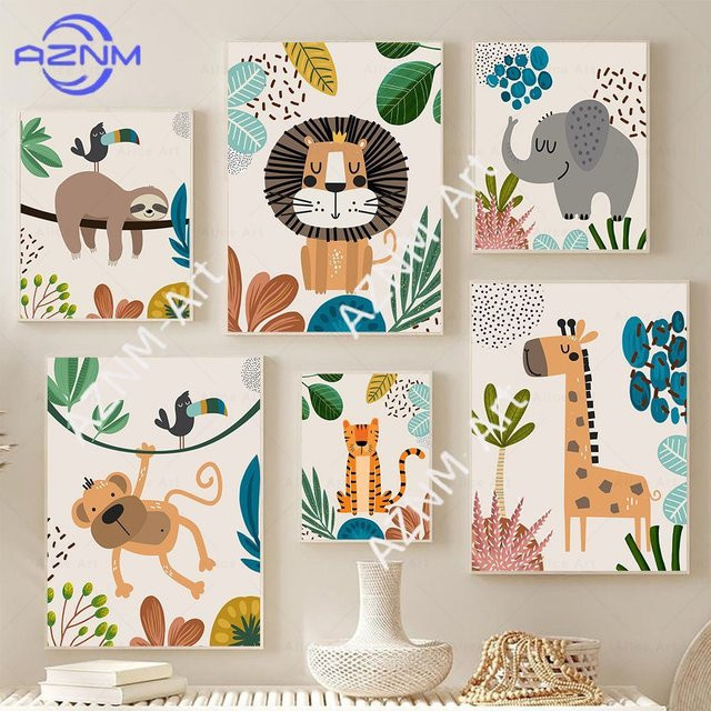 AZNM Safari-Tier-Wandkunstdrucke für Kinderzimmer – bunte Leinwandposter mit Löwe, Giraffe und Elefant in tropischer Dschungel-Optik - Bild 1