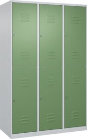 C+P Doppelstock-Spind Classic PLUS mit 3 Abteilen, Stahl, grau und grün, H x B x T: 185 x 120 x 50 cm, mit Zylinderschloss und Kleiderstange - Bild 1