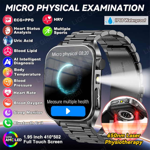 LIGE Smartwatch mit Lasertherapie und Gesundheitsanalyse für EKG, PPG, Blutfette, Harnsäure, Körperfett und Temperatur in Schwarz mit Sprachanruf-Funktion - Bild 1