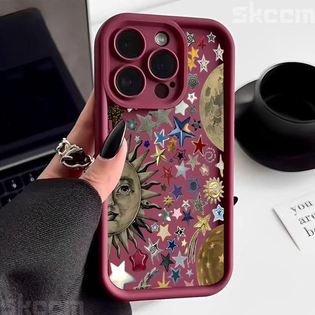 Yiran Handyhülle im Retro-Stil mit Gesicht, Sonne und Sternen aus Silikon für iPhone 11 bis iPhone 16 Pro Max, Multicolor, stoßfest und weich - Bild 1
