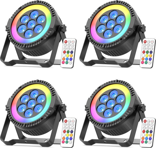 U'King 4er Set RGBW Par Licht mit 7 LEDs und 48 SMD Ringstreifen-Effekt für DJ, Disco und Party, Schwarz, B/T/H: 24,0 x 22,0 x 22,0 cm - Bild 1