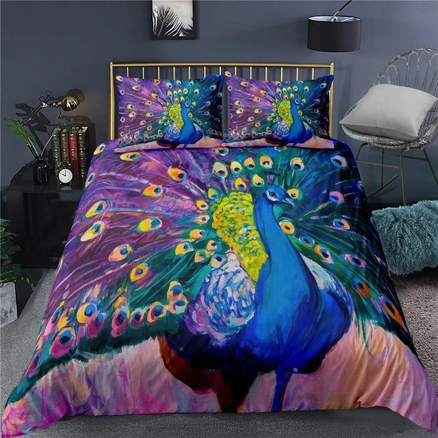 Bettwäsche Set Your Warm Home Pfau und Pflaumenblüten in Blau, King Size, 2-teilig aus Polyester, Bettbezug 173 x 218 cm und 2 Kissen 50 x 70 cm - Bild 1