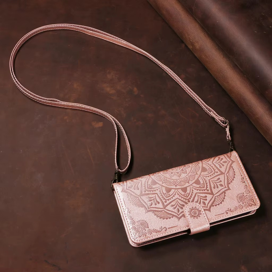 SZMUGUA Crossbody Handyhülle aus geprägtem PU-Leder mit Mandala-Design und Kartenhalter für iPhone, Farbe: Rot - Bild 3