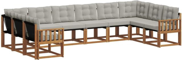 vidaXL Outdoor-Sofagarnitur 10-teilig aus Akazienholz mit Textilene und Kissen in Natur und Hellgrau - Bild 1