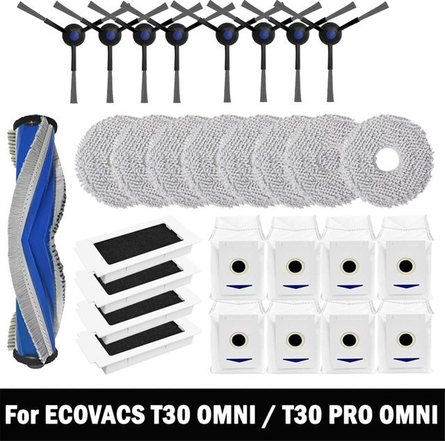 Ecovacs T30 PRO OMNI und T30 OMNI Roboterstaubsauger Zubehör Set mit Hauptbürste, Seitenbürste, Wischtuch, Hepa-Filter und Staubbeutel aus Kunststoff - Bild 1