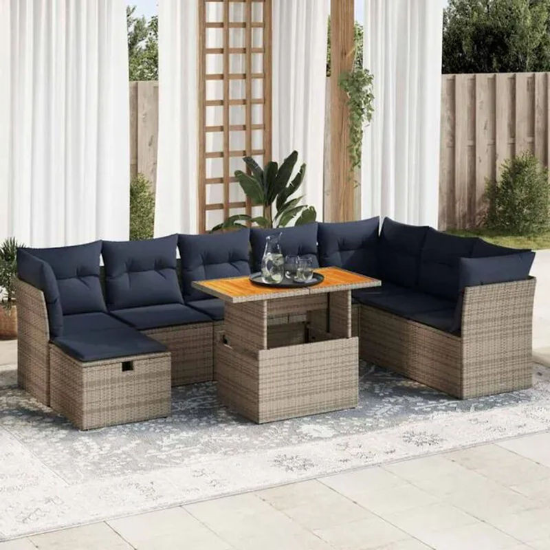 9-tlg. Garten-Sofagarnitur mit Kissen aus Polyrattan und Akazie in Braun von vidaxl - Bild 1