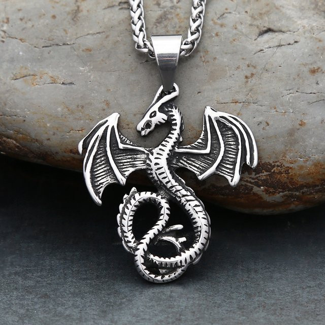 owlucky Halskette Edelstahl, Vintage, fliegender Drachen Anhänger, Silber, Unisex - Bild 1