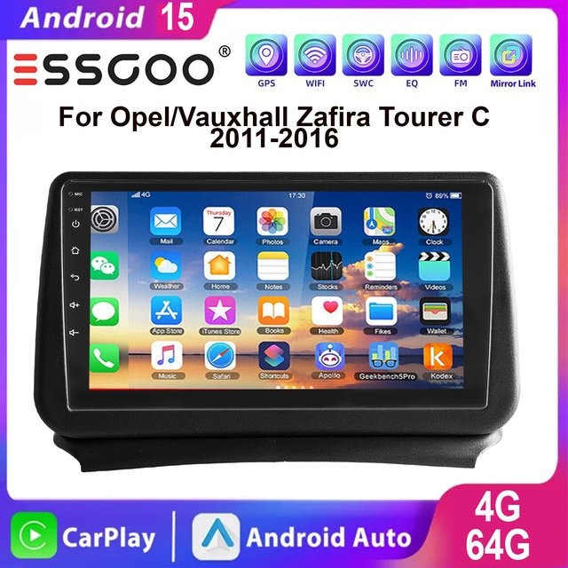ESSGOO Android Autoradio mit 9 Zoll IPS Touchscreen für Opel/Vauxhall Zafira Tourer C 2011-2016, GPS, Android Auto, Apple CarPlay, WiFi, Bluetooth, USB und Spiegellink in Schwarz - Bild 1