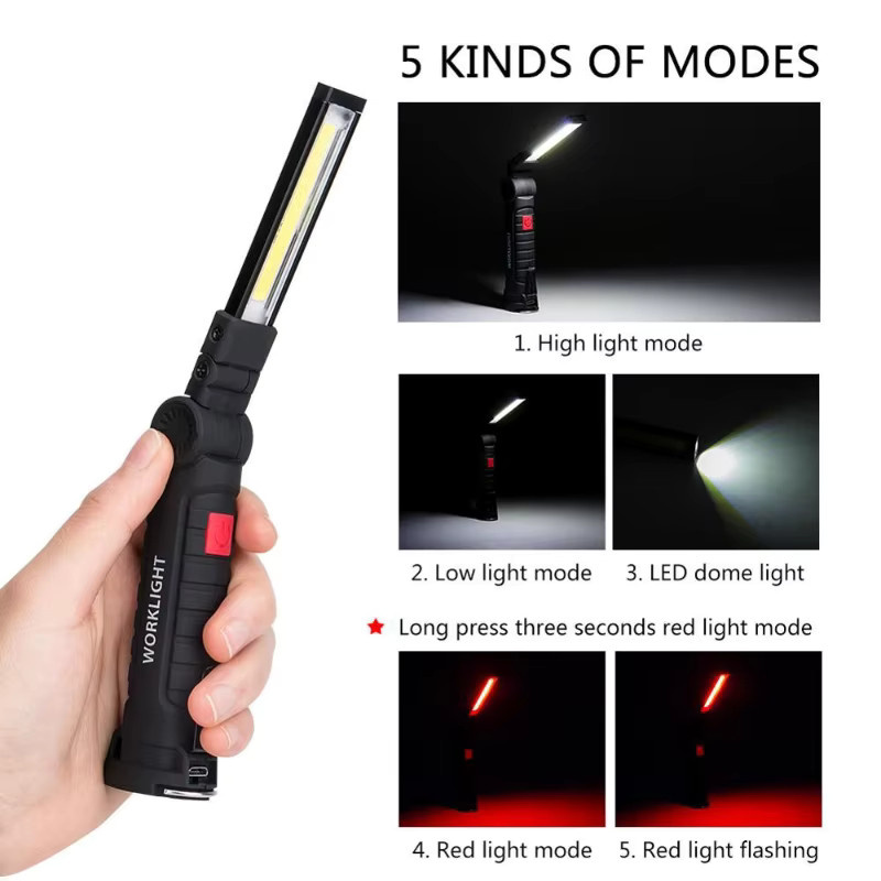 Magnetische COB LED Taschenlampe in Schwarz, USB aufladbare tragbare Arbeitslampe mit eingebauter Batterie für Camping und Arbeit - Bild 3
